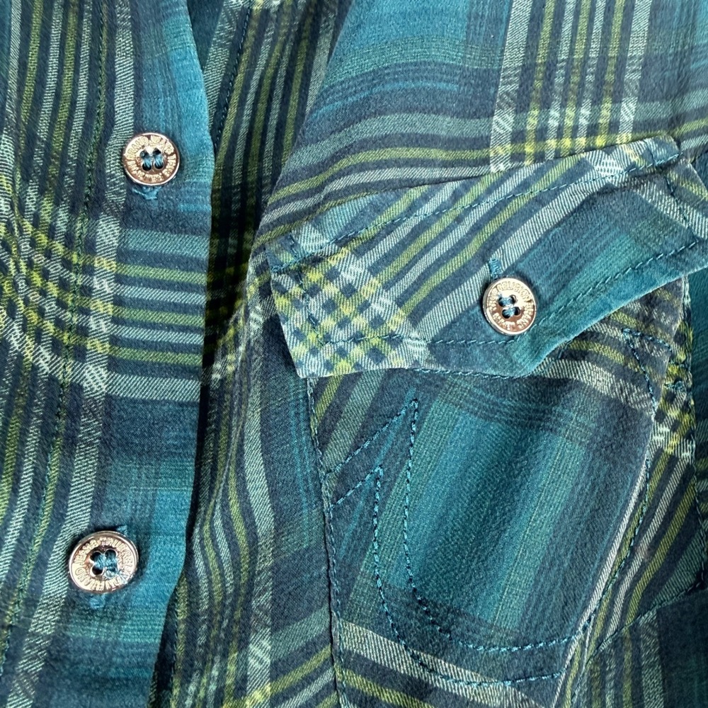 True Religion Womens Sleeveless Plaid Button Down Shirt Teal Green Small S/P - Picture 3 of 9